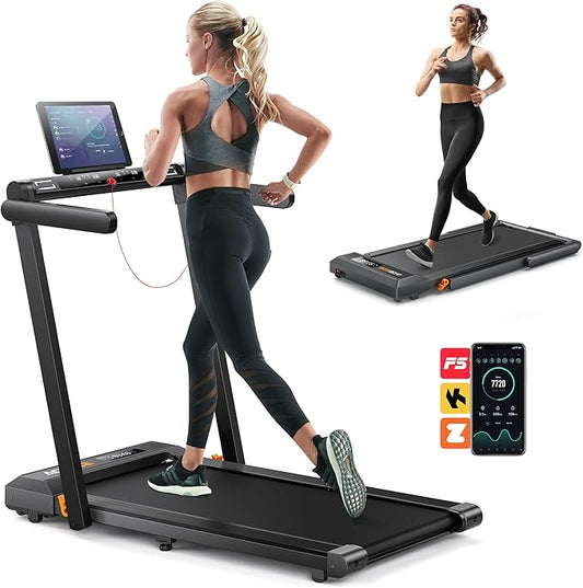 2 in 1 Folding Treadmills for Home Small Office, 2.5HP Walking Pad Treadmill with Handle Bar, 300lbs Capacity, Copmact Protable Treadmill with Smart APPs, 12 HIIT Modes and Touch Screen
