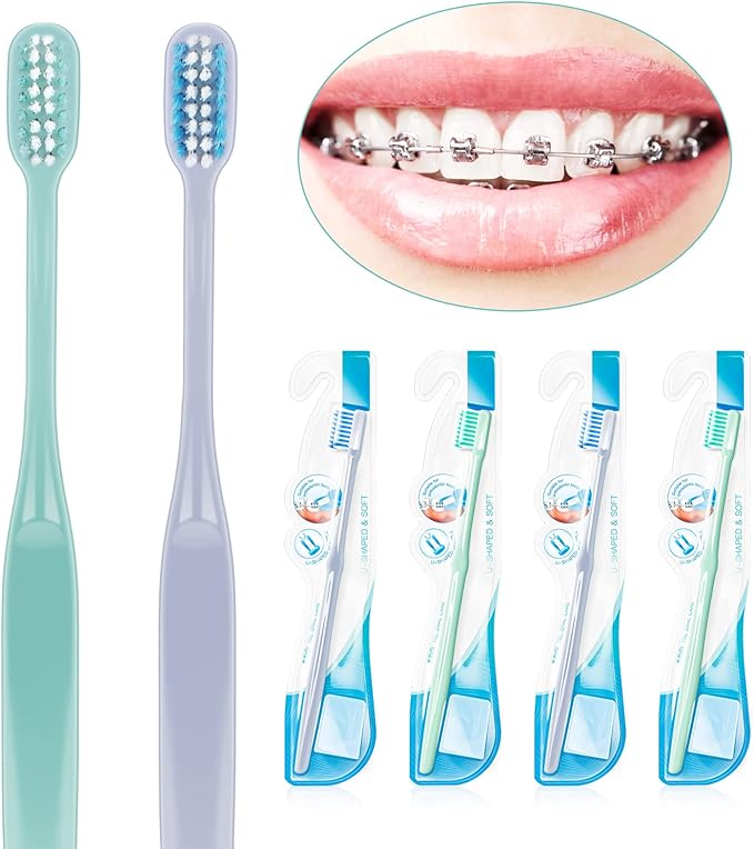 Y-Kelin 4 Pcs U-Shaped Orthodontic Toothbrush Soft Bristle with 4 Toothbrush Head Cover for Orthodontic People Effective Cleaning Teeth