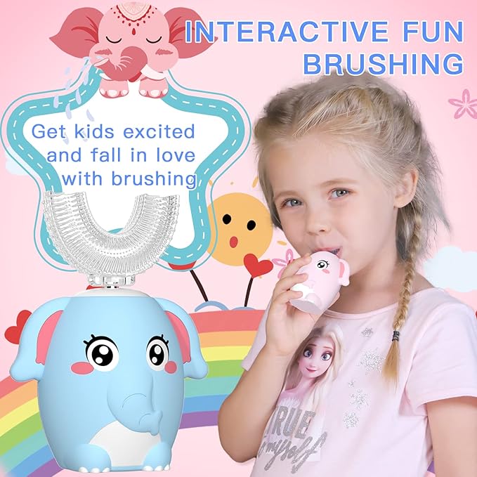 Kids Electric U Shaped Toothbrush Children Rechargeable Sonic Toothbrush with 4 Brush Heads Full Mouth 6 Cleaning Modes - (Age 8-15 Blue)