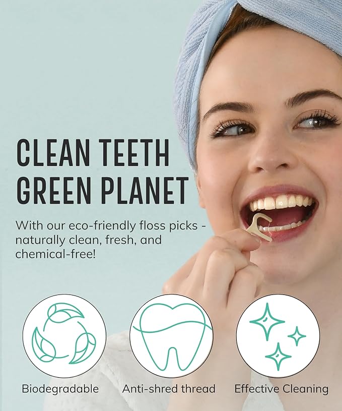 Floss Picks Biodegradable (200pcs) - Natural Dental Floss Picks, Vegan, Sustainable, Reusable, Shred Resistant and Nontoxic Plant-Based Material - Single Thread Mint