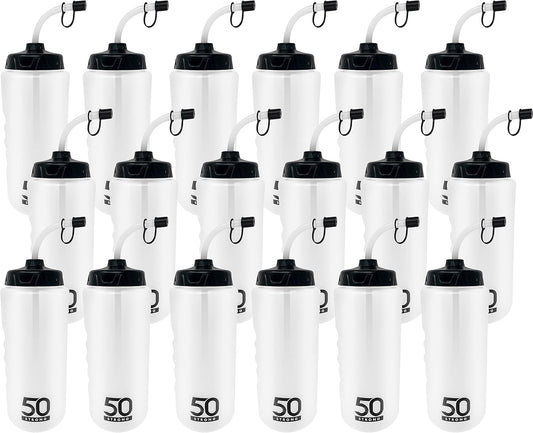 50 Strong 1 Liter Water Bottle with Straw – 18-Pack Easy-Squeeze Sports Bottles with Long Straw & Built-In Finger Grip – BPA-Free & Made in USA – Ideal for Hockey & Team Sports