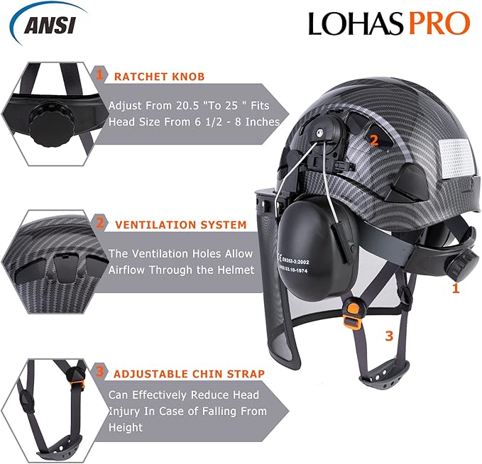 LOHASPRO Forestry Safety Helmet Chainsaw Helmet with Mesh Face Shield and Ear Muffs for Tree Logging Cutting Wood Arborist Helmet (Black Graphite Pattern with Mesh Face Shield+Earmuff)