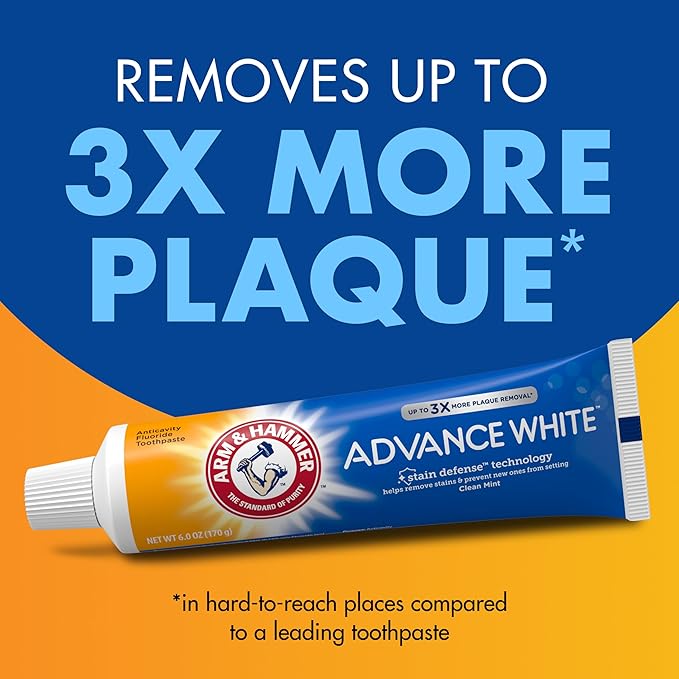 ARM & HAMMER Advance White Toothpaste, Teeth Whitening Baking Soda Toothpaste with Stain Defense Technology and Fluoride, Clean Mint Flavor, 6.0 Oz (Pack of 24)