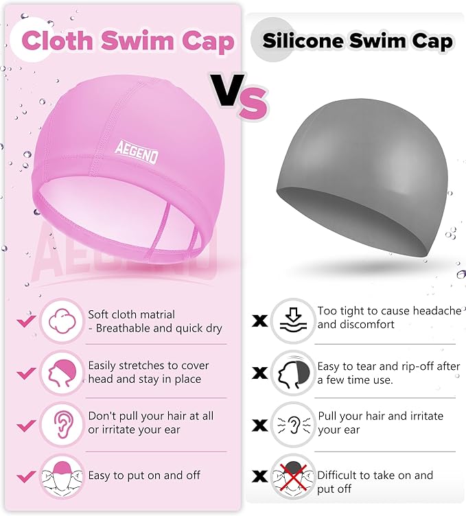 Aegend Fabric Swim Cap, Silicone Waterproof Layer - Breathable Cloth Swimming Cap, Keep Hair Dry with Hight Elasticity for Youth(8-16) Adult, 2 Sizes to Choose