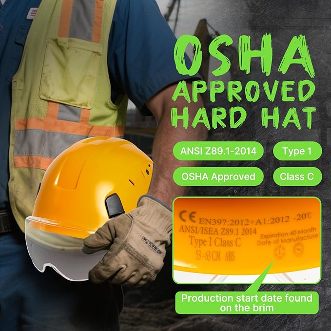 AOLAMEGS Construction Yellow Hard Hats - ANSI Z89.1 Class C Approved Adjustable Vented Hard Hat with Clear Visor for Men Women 6-Point Suspension ABS Safety Helmet for Outdoor Height Work