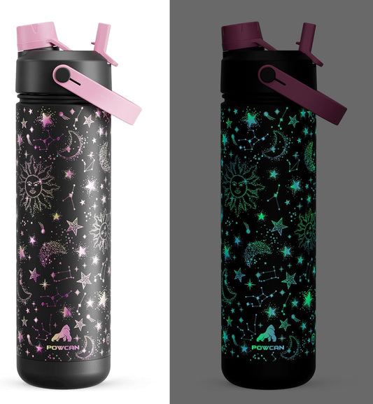 26 oz Insulated Water Bottle with 2-in-1 Straw and Spout Lid, Glow-in-the-Dark, 24H Cold, Leakproof, Fits in Car Cup Holder, Stainless Steel for Sports, Travel, and School (Twinkling Galaxy)
