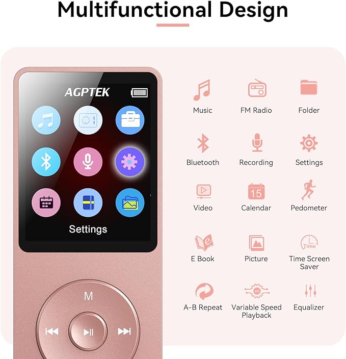 AGPTEK A02 MP3 Player with Bluetooth 5.3, 1.8 inch Screen Portable Music Player with Speaker, FM Radio, Voice Recorder, Supports Expanded Up to 128GB(Rose Gold, 32GB)