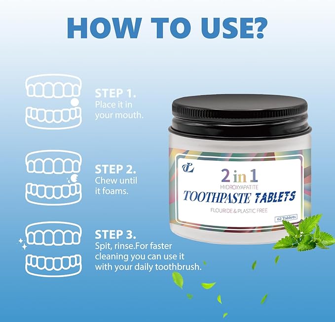 Toothpaste Tablets with Nano Hydroxyapatite – 2-in-1 Chewable Mint Tablets for Fresh Breath & Daily Cleaning, Fluoride-Free, Travel Friendly Jar, 62 Count (1)