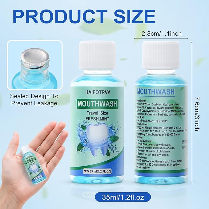 10 Pcs Mini Mouthwash Travel Size Bulk,Blue Portable Mint Flavor Mini Mouthwash Individual 35ml/1.2oz On The Go Mouth Wash Small Bottle for Travel,Office,Toiletry Kits