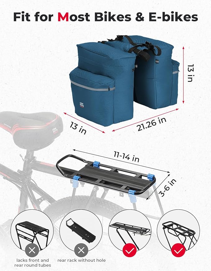 KEMIMOTO Bike Bag Panniers with Rain Cover, 34L Waterproof Bicycle Saddle Bag for Rear Rack Mountain Biking Bags Storage, Ebike Accessories for Commuter Grocery Shopping Travel Carrier, Blue