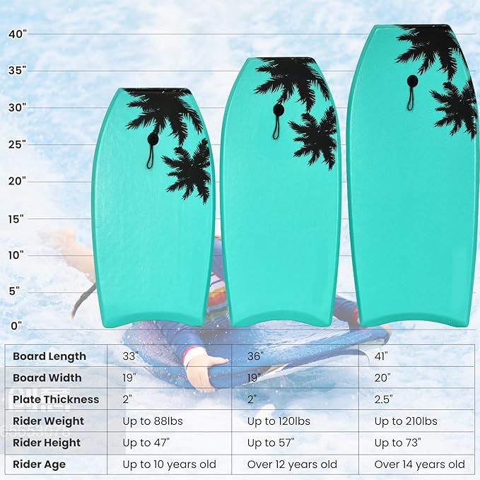 KOTEK 33/37/41 Inch Body Board with Wrist Leash, EPS Core, Dual Channel, HDPE Slick Bottom, Bodyboard for All Skill Levels & Wave Conditions