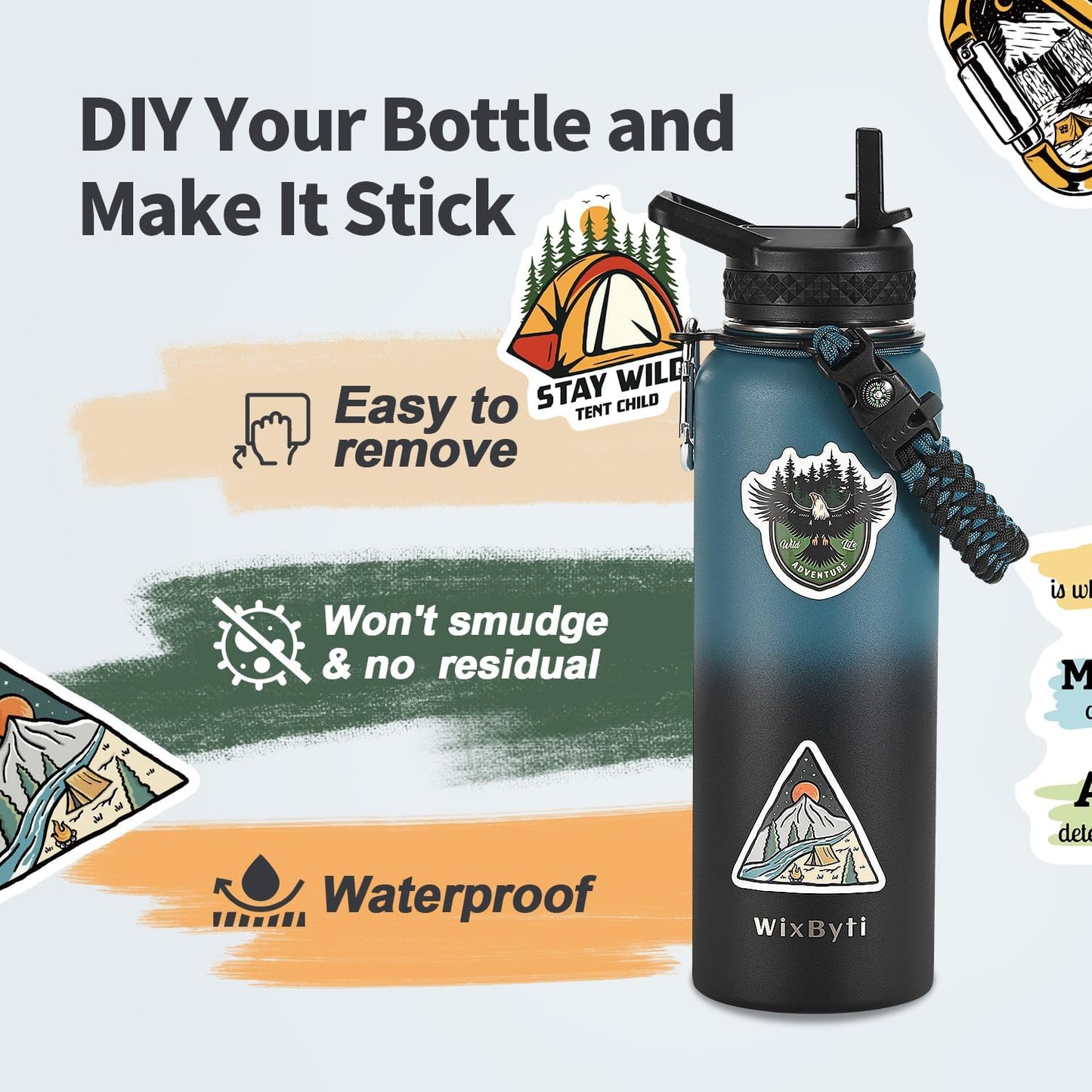 40 oz Insulated Water Bottle with Straw (Cold for 48 Hrs), Stainless Steel Triple Wall Vacuum Sports Water Jug, Leakproof Hydro Cup Flask with Paracord Handle & Straw Spout Lids & DIY Stickers