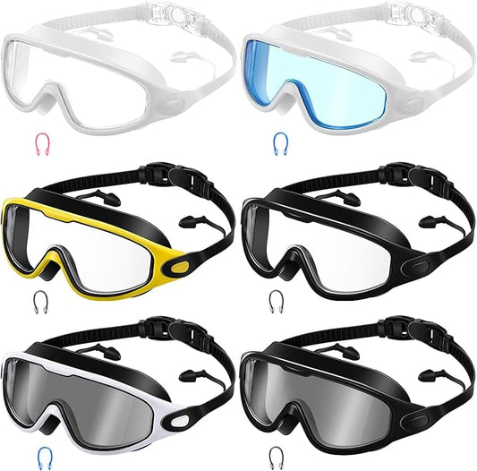 Kanayu 6 Pieces Swimming Goggles Wide View No Leaking Anti Fog Adult Swim Goggles with Earplugs Nose Clip for Adult Men Women