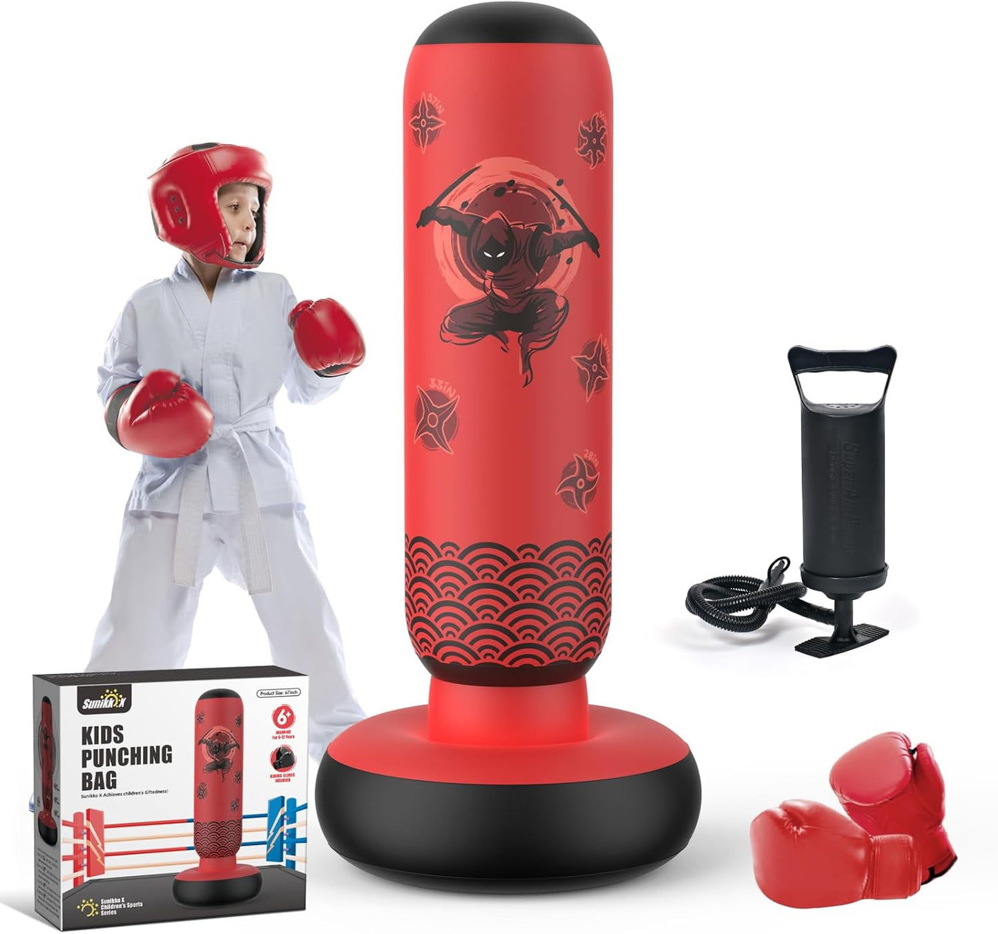 Inflatable Punching Bag for Kids, Tall Larger 66 Inch Stable Boxing Bag for Teens, Ninja Shuriken Toy Gifts for Boys Girls, Boxing Set with Gloves and Pump for Practicing Karate Taekwondo