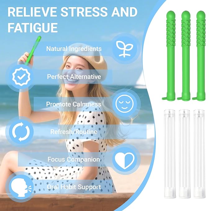 3Pcs Essential Oil Breath Stick for Fresh Breath – Reusable Aromatherapy Breath Stick with 9 Replacement Cores, Portable for Travel, Office（Green）