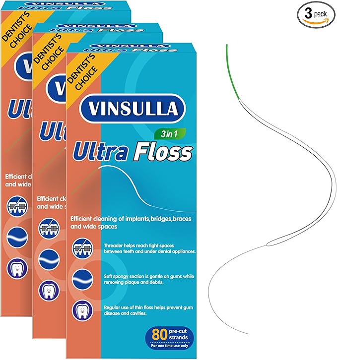Dental Floss for Braces, Floss Threaders for Bridges and Implants, PTFE & PFAS Free Floss, 80 Pre-Cut Strands (Pack of 3)