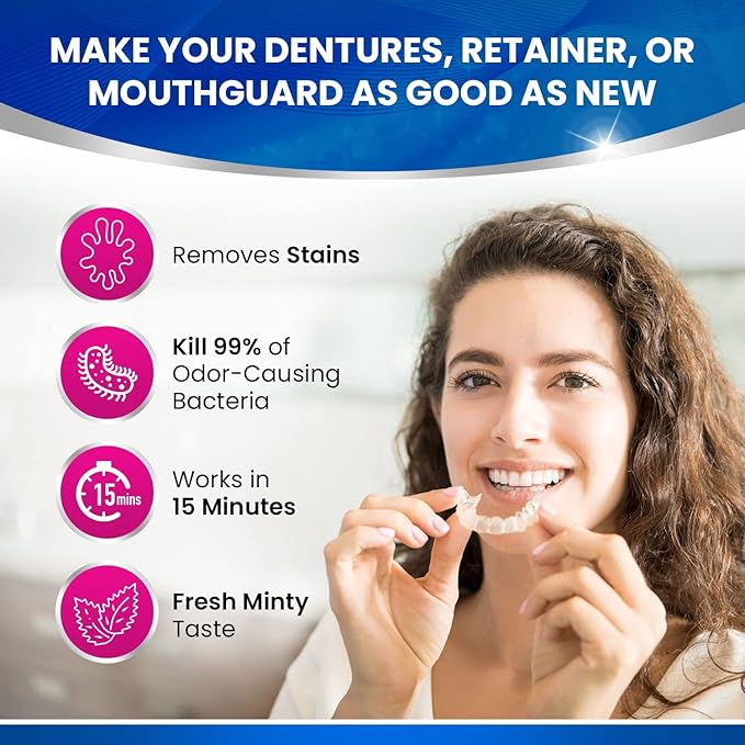 60 units Retainer Cleaner and Denture Cleaning Tablets - Mouthguard Cleaner and Denture Cleaner Tablets Remove Plaque, Odors and Stains from Aligners, Night Guard and Removable Dental Appliances