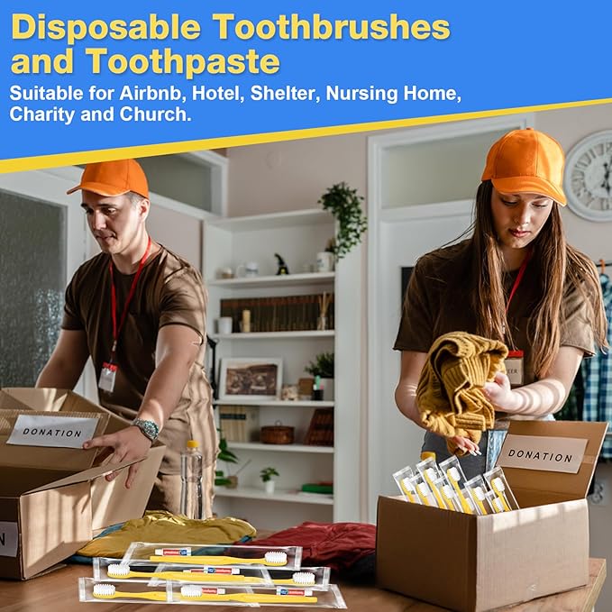 Disposable Toothbrushes with Toothpaste 300 Pack, Travel Size Toothbrush and Toothpaste Set, Bulk Tooth Brush Tooth Paste Kit, Individually Wrapped Travel Toiletries for Homeless, Hotel