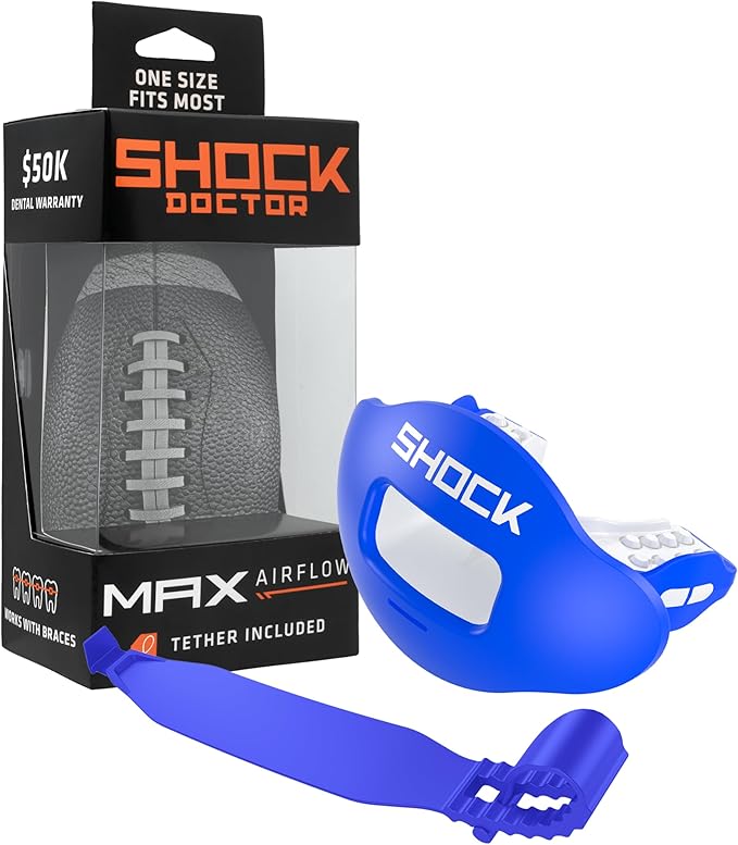 Shock Doctor Lip Guard, Adult and Youth Mouth Guard Football with Strap, Breathable Wide Opening Football Mouthpiece for Youth and Adults OSFA, Shock Doctor Mouth Guards, Max Airflow
