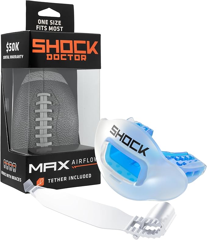 Shock Doctor Lip Guard, Adult and Youth Mouth Guard Football with Strap, Breathable Wide Opening Football Mouthpiece for Youth and Adults OSFA, Shock Doctor Mouth Guards, Max Airflow