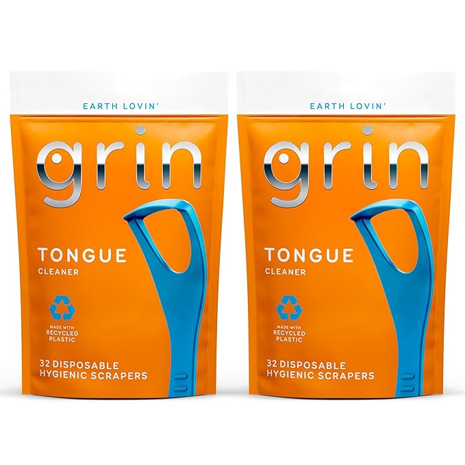 GRIN Tongue Cleaner, 32 Count, Disposable Tongue Cleaner, Hygienic Scraper, Recycled Plastic, Clean Tongue, Promote Fresh Breath, Includes Safe Fold- Back Tooth Pick (Pack of 2)