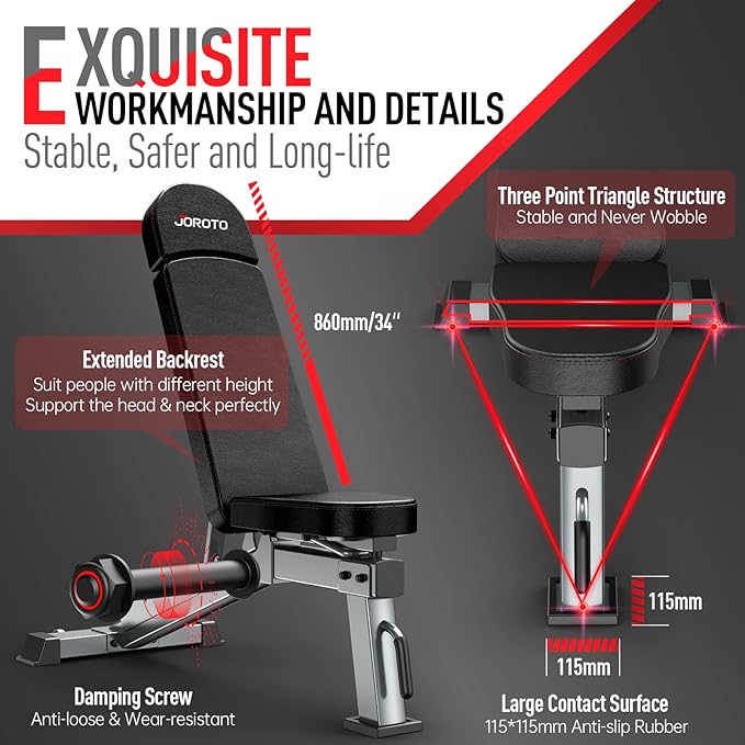 JOROTO MD80 Adjustable Weight Bench, 1000LB Capacity Heavy Duty Strength Training Bench for Home Gym, Flat/Incline/Decline Utility Workout Bench Press with Wheels & Extended Backrest