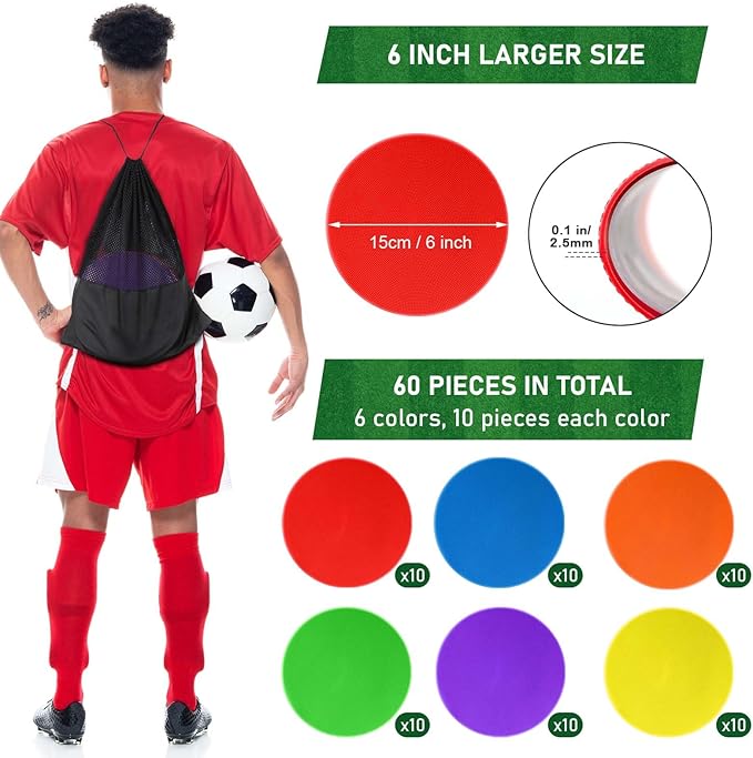 60 Pcs Poly Spot Markers Non-Slip Rubber Floor Dots for Gym, Flat Cones Agility Markers Poly Dots for Gym Floor Spot Markers for Sports Soccer Basketball Speed Agility Training Dance Classroom