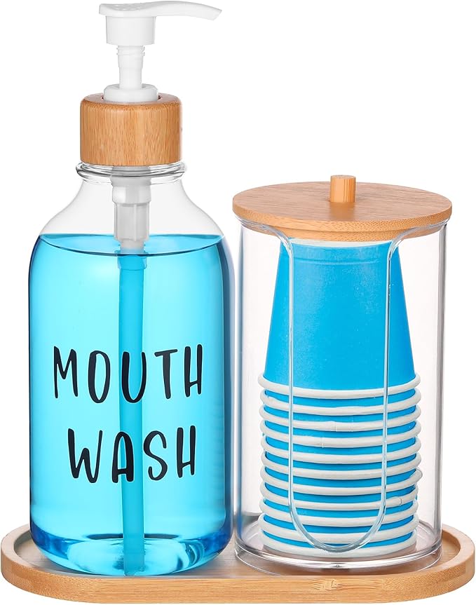 1 Set Mouthwash Dispenser for Bathroom 17 Oz Refillable Mouth Wash Pump Bottle Paper Cup Holder with Bamboo Lid and Tray Clear Mouthwash Container for Bathroom Vanity Kitchen Sink