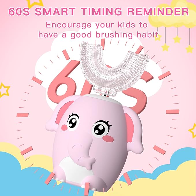 Kids Electric U Shaped Toothbrush Children Rechargeable Sonic Toothbrush with 4 Brush Heads Full Mouth 6 Cleaning Modes -(Age 8-15 Pink)