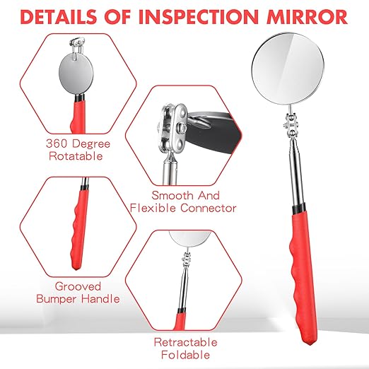 1 Pcs Telescoping Inspection Mirror Mechanics Automotive Tool with Long Handle Extendable Mirror on a Stick for Technicians Mechanics Contractors Checking Observation(Red,Round)