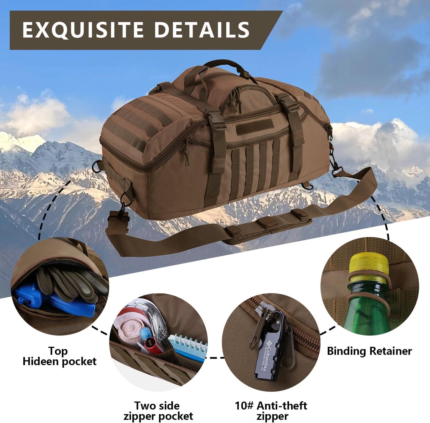 65L Large Duffle Bag, 3-in-1 Tactical Backpack MOLLE Pack for Sports, Gym, Outdoor, Dark Brown