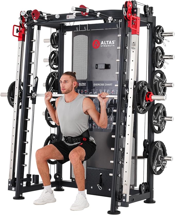 Altas Strength Home Gym Equipment Smith Machine with Pulley System Gym Squat Rack Pull Up Bar Upper Body Strength Training Leg Developer Light Commercial Fitness Equipment Included Accessories 3000Y