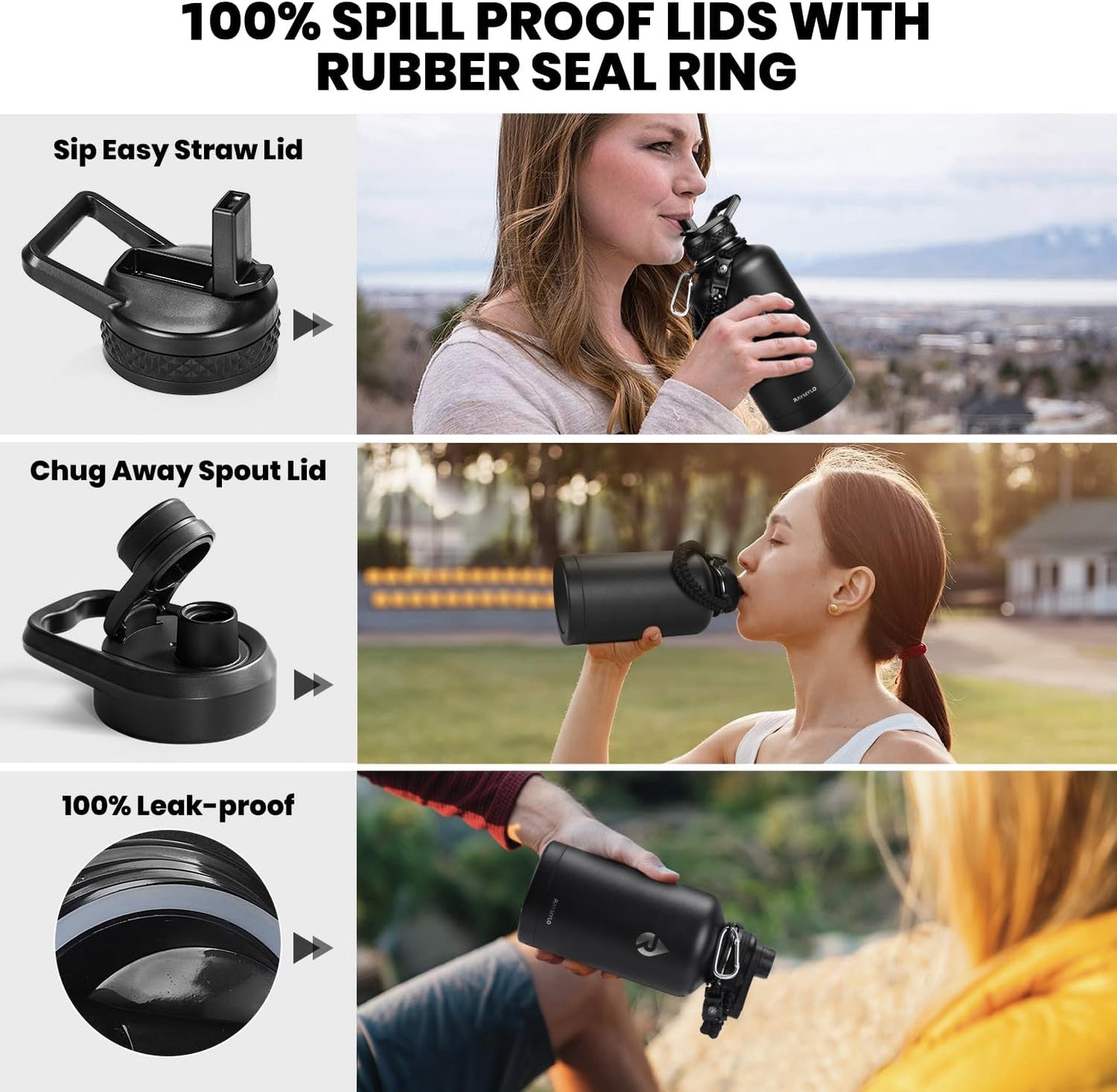 Insulated Water Bottle 64 oz, Triple Wall Vacuum Stainless Steel (Cold for 48 Hrs), Leak Proof & Non-BPA, Half Gallon Water Flask Jug with Paracord Handle & Straw Spout Lids, Magic Black