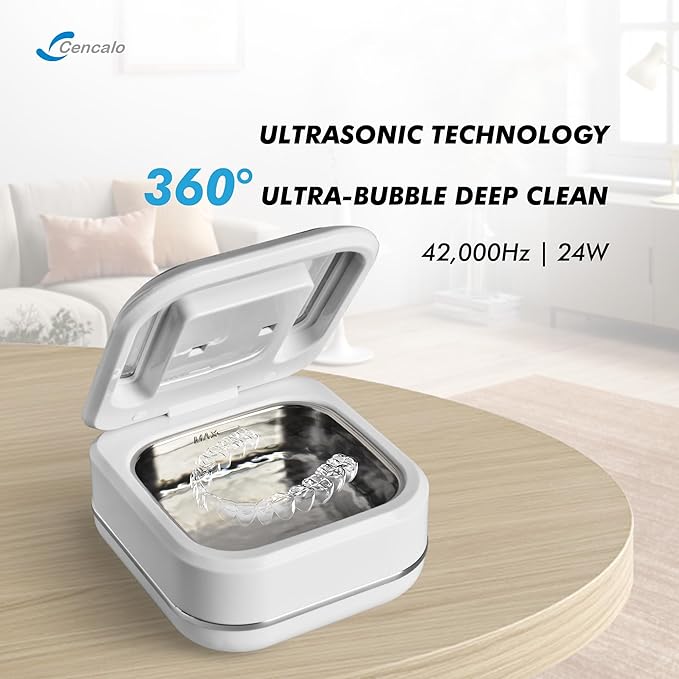 Ultrasonic Retainer Cleaner Machine with 2 Digital Timer, U-V Dental Cleaning Pod with Viewing Port,180ml Portable Denture Cleaner for Mouth Guards, Night Guards, Aligners, Brace, Jewelry, 42kHz White