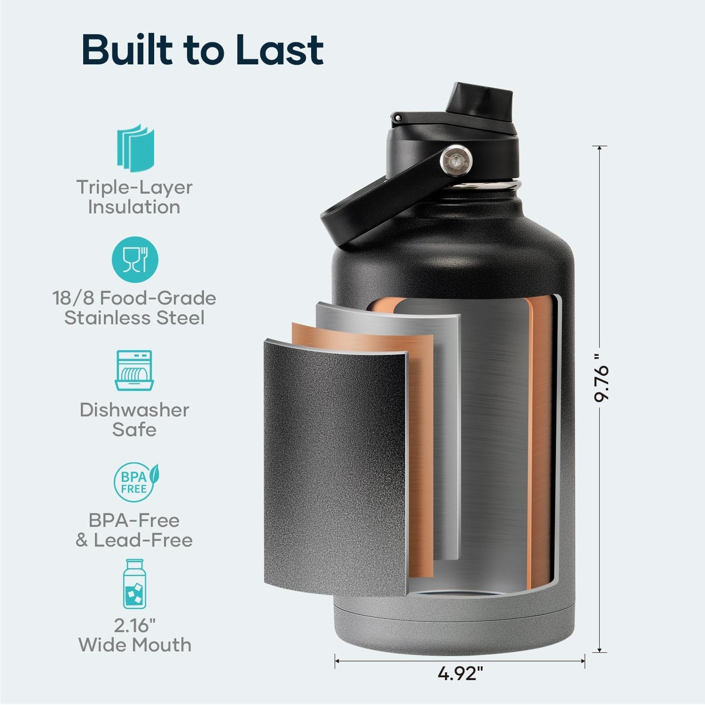 Insulated Water Bottle 64 oz with Straw Lid and Flex Lid, BUZIO 64oz Stainless Steel Water Bottle Half Gallon Jug Flask, Double Wall Vacuum Sports Thermo Mug, Cold Hot Hydro Metal Canteen