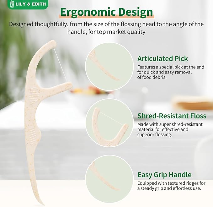 LILY & EDITH Biodegradable Dental Floss Picks Adults and Kids 300 Counts, Fluoride-Free, Plant Based Straw Wheat Material, Zero Waste Package, Shred Resistant (Mint)
