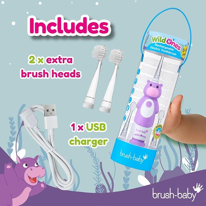 BrushBaby - WildOnes - Kids Rechargeable Electric Toothbrush, Ages 0-10 - Holly Hippo Design with Flashing Lights - DeepClean Bristles for Superior Cleaning - 2 Replacement Brush Heads, 1 USB Cable