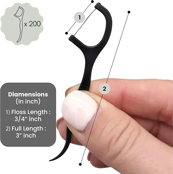 Me Mother Earth Vegan Biodegradable Dental Floss Picks (200 Count) - Natural | Sustainable | Eco-Friendly | Charcoal Dental Flossers for a Zero Waste Oral Care (3 Inch)