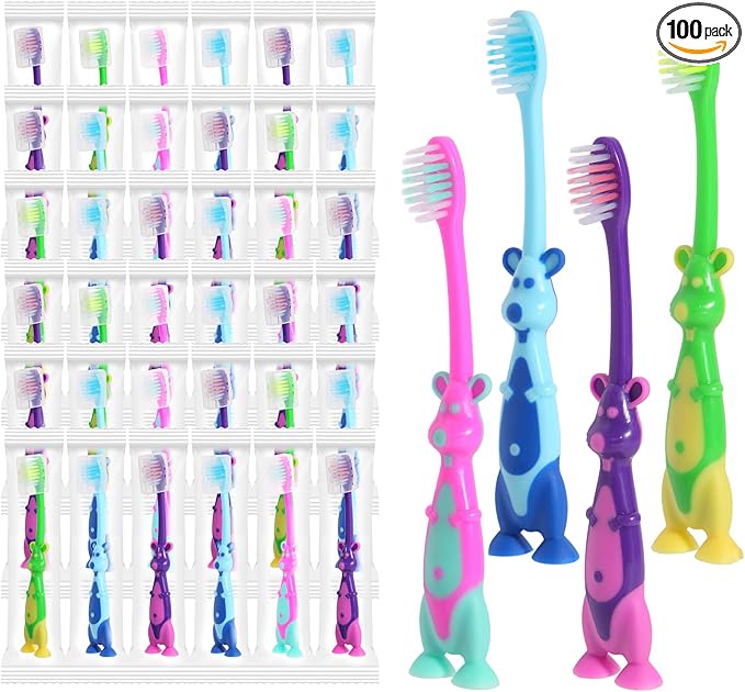 100 Pack Kids Toothbrush Bulk Soft Bristles Toddler Cute Toothbrush with Suction Cup, Includes Travel Covers, Individually Wrapped Toothbrushes for Kid Home School Daycare Camp (Kangaroo)