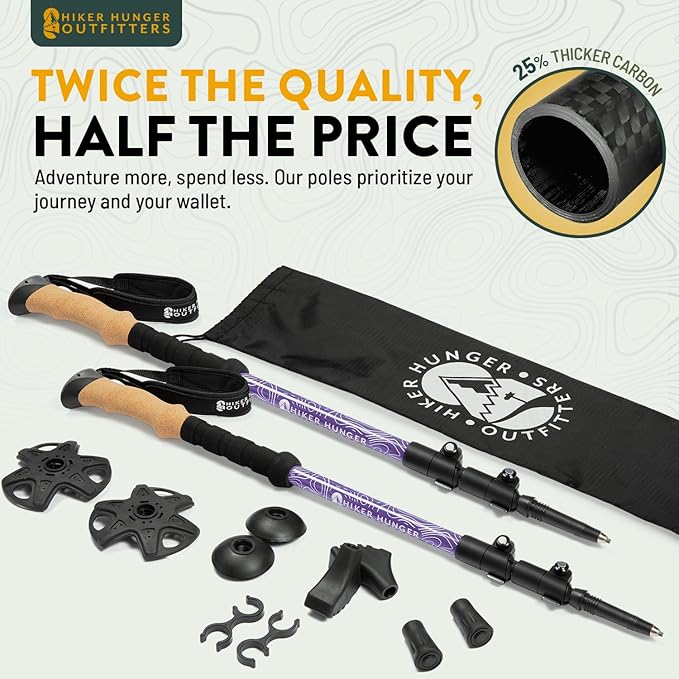 100% Carbon Fiber Trekking Poles by USA Brand - Ultra Strong Lightweight Collapsible Hiking Poles with Cork and EVA Foam Grips & Quick Adjustable Flip Locks