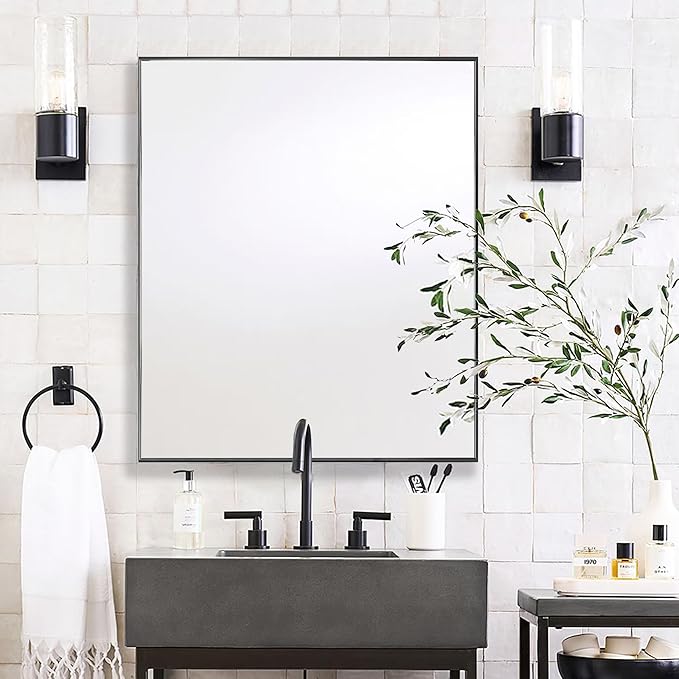 24x32 Inch Black Bathroom Mirror for Wall, Aluminum Frame Rectangle Rectangular Vanity Mirror, Modern Large for Bedroom, Living Room, Horizontal or Vertical