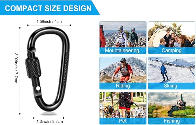 10 Pack Aluminum D Ring Key Rings Hiking Clips Locking Carabiner for Hiking Camping Fishing and Outdoor Use，Clips with Screw Gate Multicolored