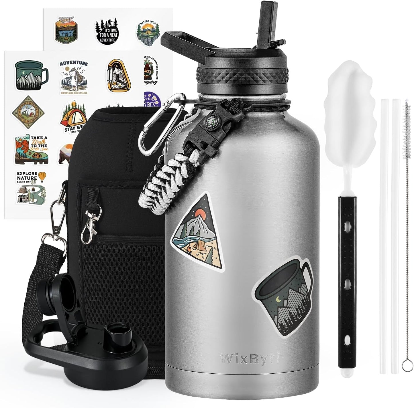 64 oz Insulated Water Bottle with Straw (Cold for 48 Hrs), Half Gallon Stainless Steel Triple Wall Vacuum Sports Water Jug, Leakproof Hydro Cup Flask with Straw Spout Lids & DIY Stickers