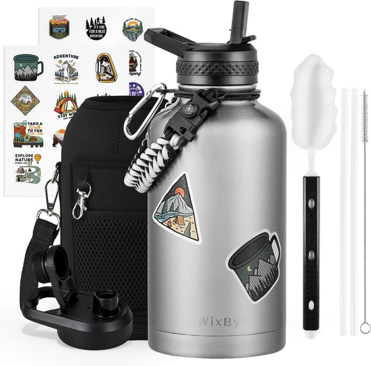 64 oz Insulated Water Bottle with Straw (Cold for 48 Hrs), Half Gallon Stainless Steel Triple Wall Vacuum Sports Water Jug, Leakproof Hydro Cup Flask with Straw Spout Lids & DIY Stickers