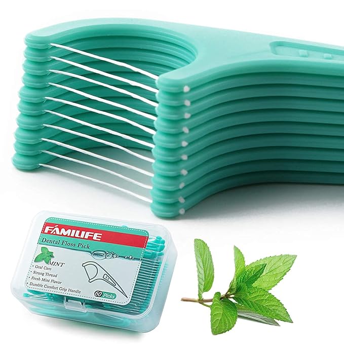 FAMILIFE Floss Picks, 240 Count Mint Dental Floss Cleaner, Tooth Picks Flossers with 4 Travel Handy Cases, Helps to Fight Tooth Decay and Keep Your Teeth Clean, Flossing Sticks for Family