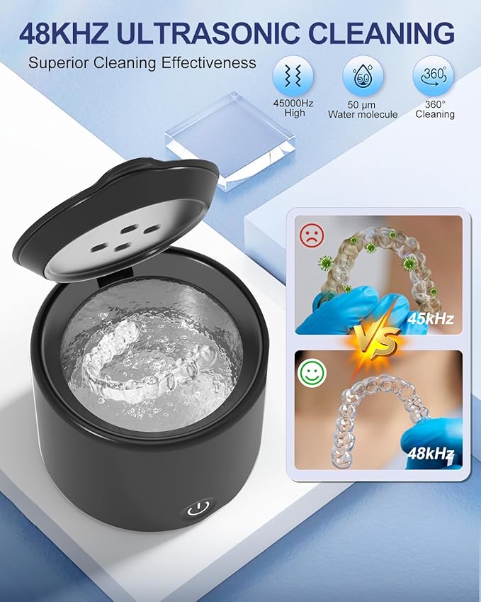 Ultrasonic Retainer Cleaner, 48kHz Denture Cleaner, Retainer Cleaning Machine for Denture, Retainer, Aligner, Jewelry, Mouth Guard, Brace, Toothbrush, Pacifier, Razor, 3 Modes Jewelry Cleaner 200ML