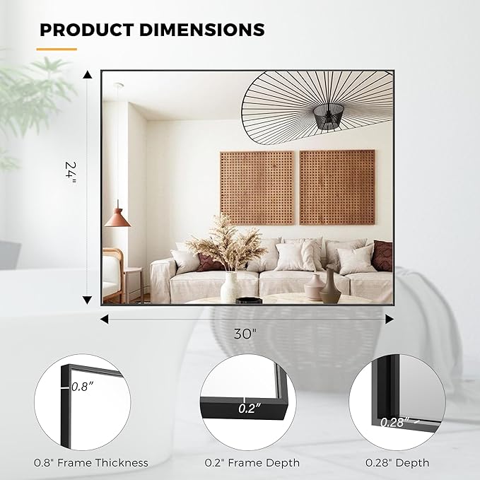 24x30 Inch Black Bathroom Mirror for Wall, Aluminum Frame Rectangle Rectangular Vanity Mirror, Modern Large for Bedroom, Living Room, Horizontal or Vertical