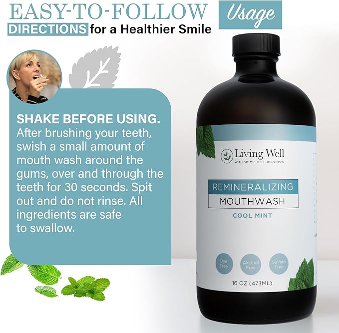 Living Well with Dr. Michelle Cool Mint Remineralizing Mouthwash | Hydroxyapatite & Colloidal Silver Formula | Alcohol-Free | Fluoride-Free Mouth Rinse