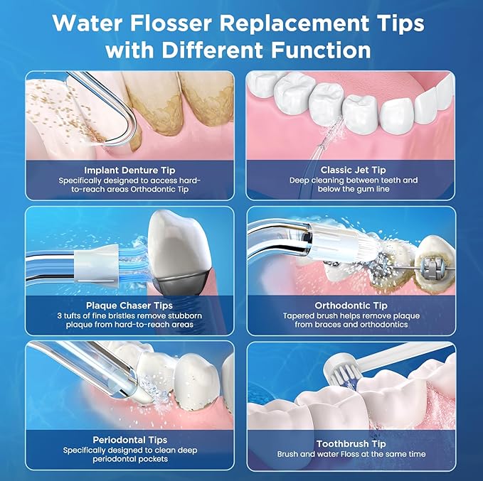 Replacement Tips for Waterpik, Water Flosser Replacement Heads Parts for Waterpik Oral Irrigator (6 Tips Different & Storage Case Bundle)