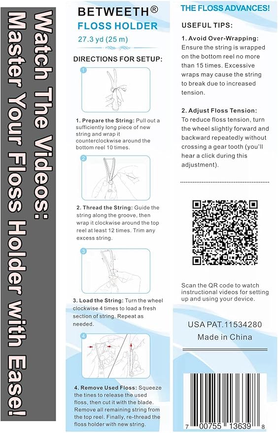 The Floss Advances - Dental Floss Holder, Tension Adjustable Interdental Flosser, Reusable and Refillable Handle with Preloaded Floss 66 ft/ 20 m - (1 Handle + 1 Extra Spool of Different Material)